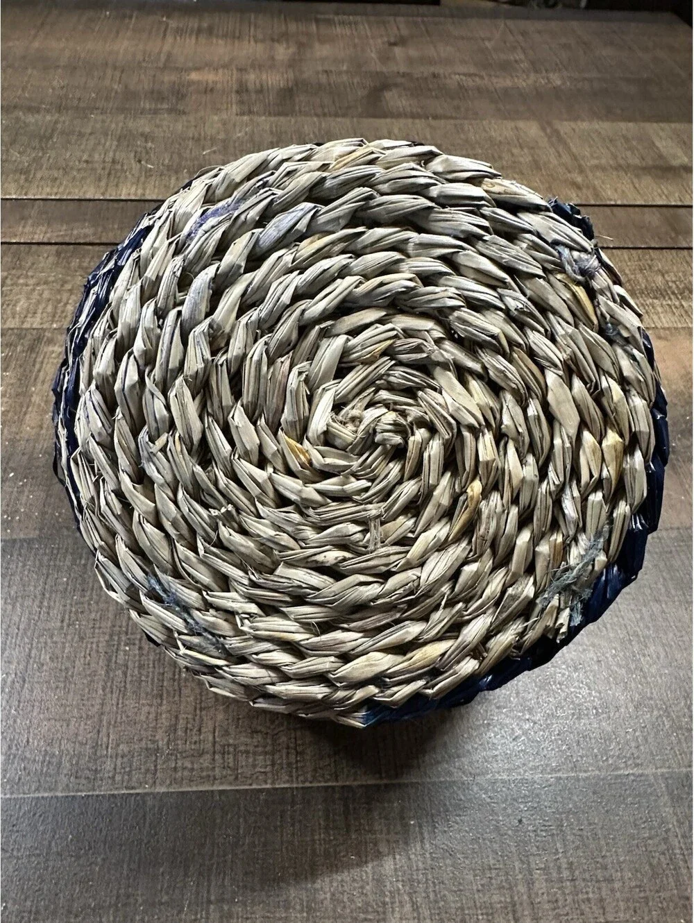 Vintage Handwoven Straw Basket with Blue Accents